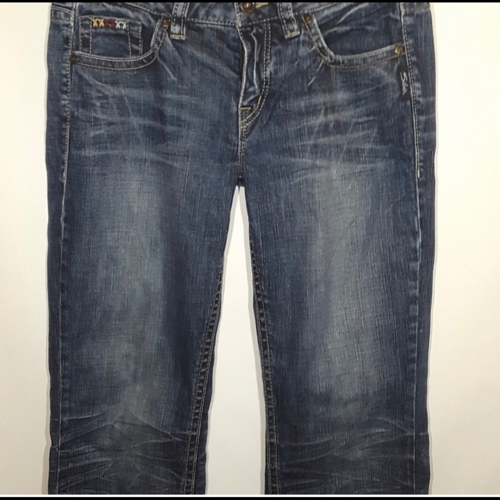 #136****** EUC Silver Lola blue pockets Flare jeans!